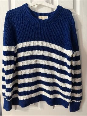 Michael Kors Blue and White Striped Chunky Knit Sweater